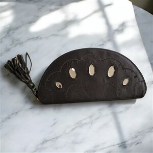 Shanghai Tang Silk Embroidered Reflective Studs Luxury Clutch w/Red Interior